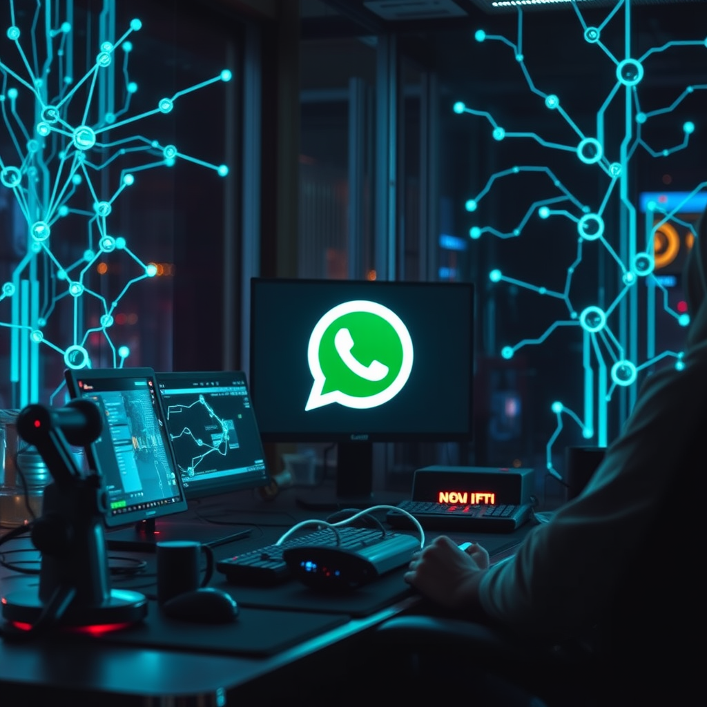 Ilustração de um chatbot de IA conversando com um cliente no WhatsApp