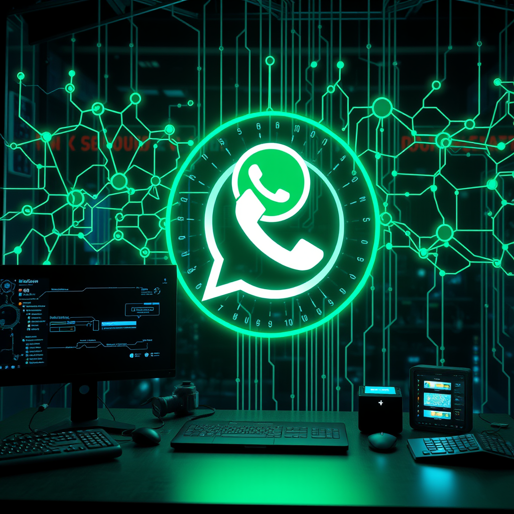 Ilustração de um chatbot de WhatsApp atendendo clientes com símbolos de IA e eficiência